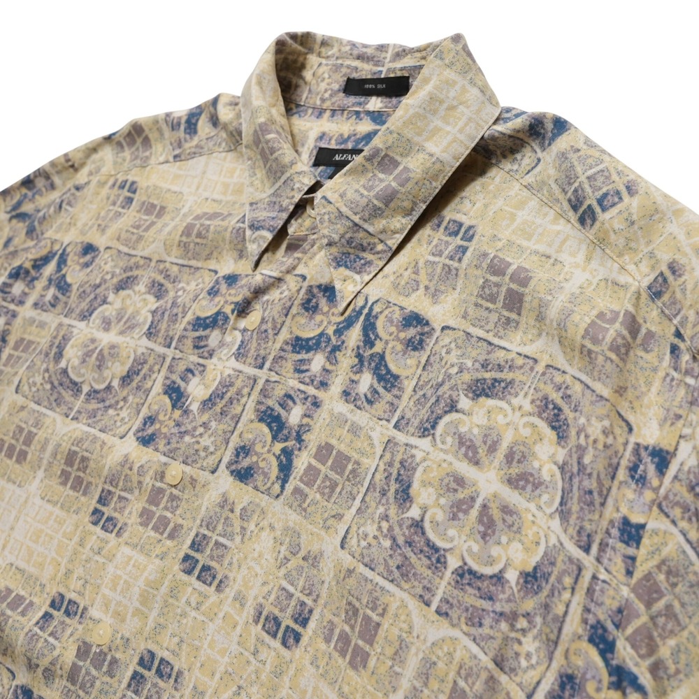 Alfani Mens Large Silk Shirt Yellow Blue Geometric Abstract Short Sleeve